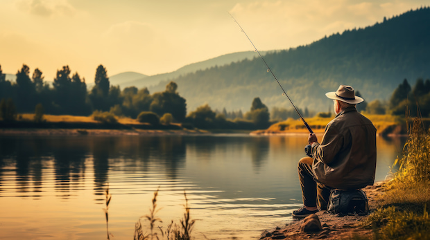Hombre jubilado pescando con el atardecer de fondo